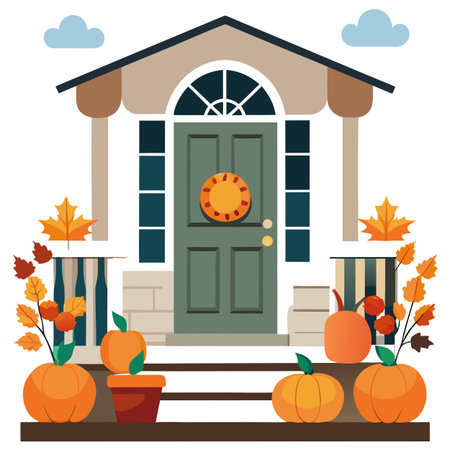 Front porch with autumn fall decor. pumpkins. flower. . AI generated. Vector iconのイラスト素材