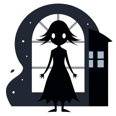 Ghost girl silhouette standing in front of window.. AI generated. Vector iconのイラスト素材