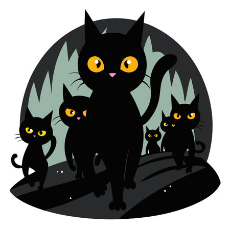 Group of creepy black cats walking on dark alley. Illustration. AI generated. Vector iconのイラスト素材