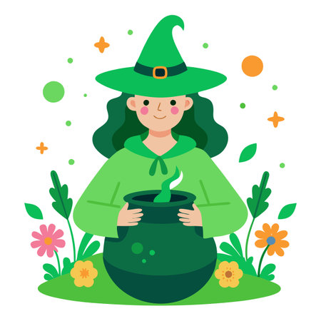 Green witch floral cauldron. witchcraft magic wallpaper AI generated. Vector iconのイラスト素材