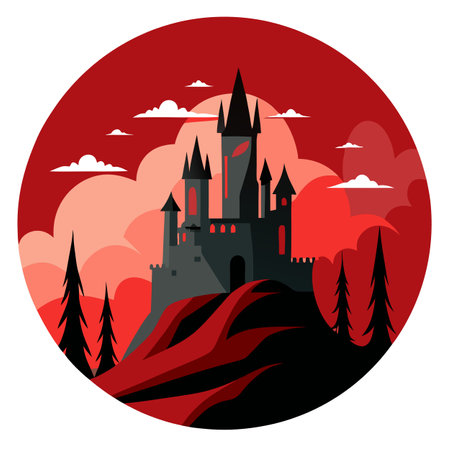 Ghostly castle with crimson sky. Spooky concept.Digital art. AI generated. Vector iconのイラスト素材