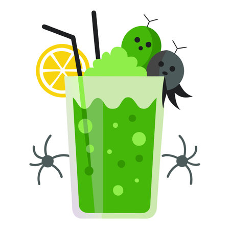 Green iced cocktails decorated with spiders on the bar with smoke. AI generated. Vector iconのイラスト素材