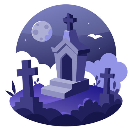 Gloomy night cemetery. stone monuments. Sky with clouds. fog. Dramatic. AI generated. Vector iconのイラスト素材
