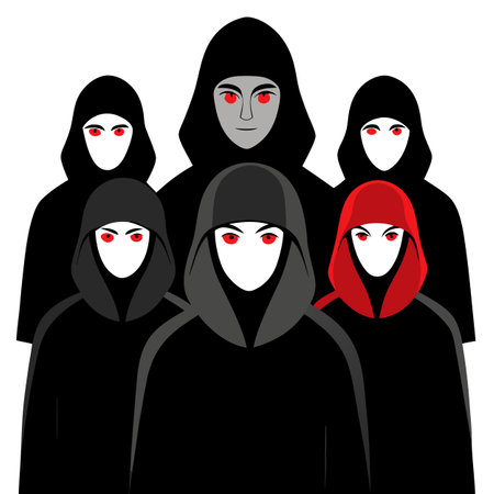 Group of mystery people in black clothes with hood symbolize the . AI generated. Vector iconのイラスト素材