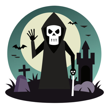 Grim reaper with haunted. creepy graveyard.Digital art. AI generated. Vector iconのイラスト素材