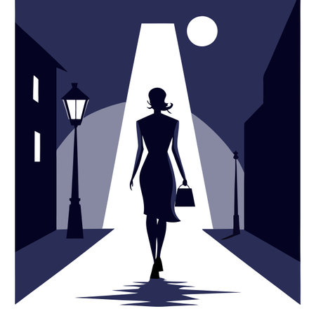 Girl walks away down dark alley alone. silhouette of wom. AI generated. Vector iconのイラスト素材