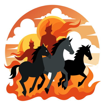 From a fiery cloud run the four horses of the apocalypse - . AI generated. Vector iconのイラスト素材