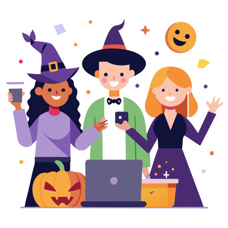 Friends enjoying party celebrating in Halloween witch costume made. AI generated. Vector iconのイラスト素材