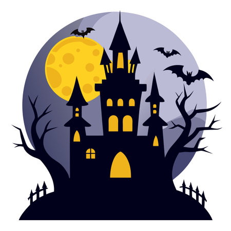 Halloween background with haunted castle and full moon. AI generated. Vector iconのイラスト素材