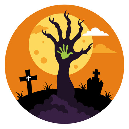 Halloween background with zombie hand erupting out of the ground. . AI generated. Vector iconのイラスト素材