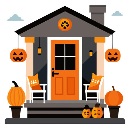 Halloween fall seasonal front porch decorations. exterior home decor. . AI generated. Vector iconのイラスト素材
