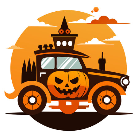 Halloween car. . car designed in steampunk style of pumpkin. Scary. AI generated. Vector iconのイラスト素材