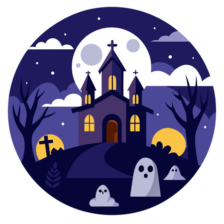Halloween night by the old church under the moonlit sky. Halloween. AI generated. Vector iconのイラスト素材