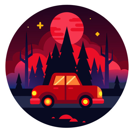 Halloween car in the dark forest glowing red. AI generated. Vector iconのイラスト素材