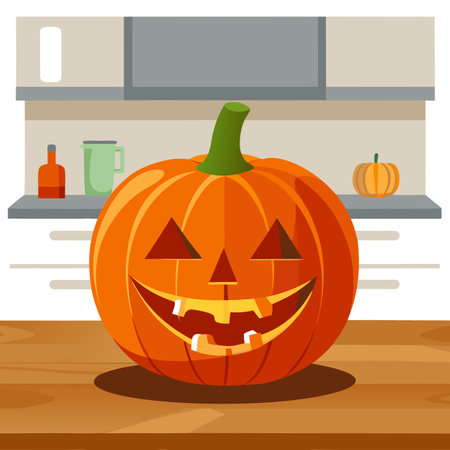 Halloween pumpkin on wooden table with blurry kitchen background. AI generated. Vector iconのイラスト素材