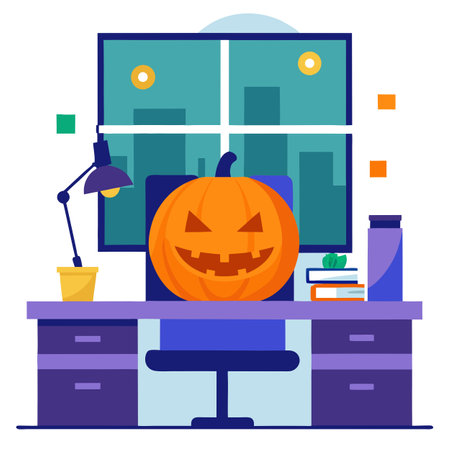 Halloween glowing pumpkin on a office desk. Business halloween decor. AI generated. Vector iconのイラスト素材
