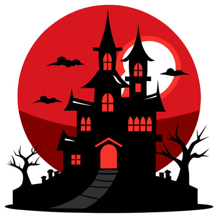Halloween haunted house and full red moon background. High quality. AI generated. Vector iconのイラスト素材