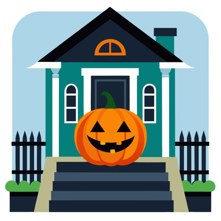 Halloween Jack O' Lantern on the Front Porch of a House. AI generated. Vector iconのイラスト素材