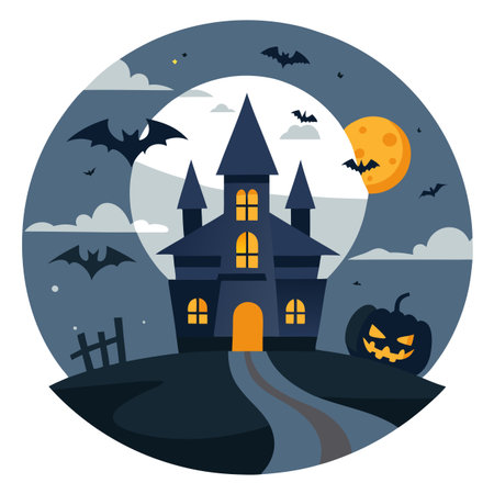 Haunted House in the Fog in Pumpkin Patch with Bats in Sky and Large. AI generated. Vector iconのイラスト素材