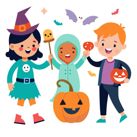 Happy kids on Halloween. Funny kids in carnival costumes indoors. . AI generated. Vector iconのイラスト素材