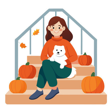 Happy young woman sitting on the stairs with her little white dog. . AI generated. Vector iconのイラスト素材