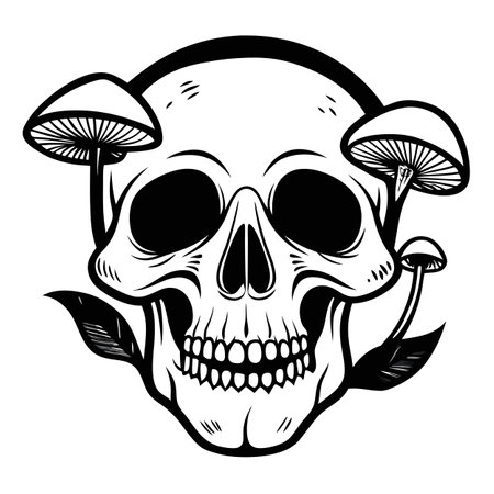 Human skull with mushrooms in woodcut style. Vector engraving sketch. AI generated. Vector iconのイラスト素材