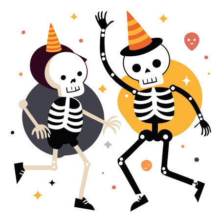 Illustration of skeletons which dancing on Halloween disco party. AI generated. Vector iconのイラスト素材