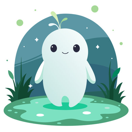 Lovely cute glowing ghost in a magical swamp animation styleter. AI generated. Vector iconのイラスト素材