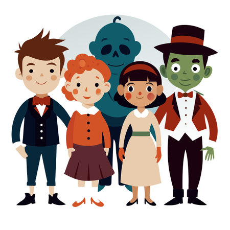 Kids wearing vintage Halloween costumes in the 1930?s. AI generated. Vector iconのイラスト素材
