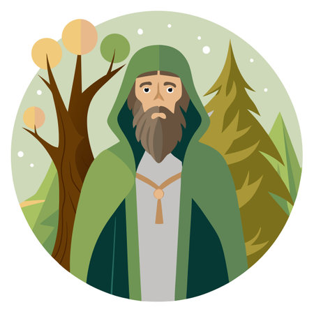 Man druid healer portrait in forest next to a tree. AI generated. Vector iconのイラスト素材
