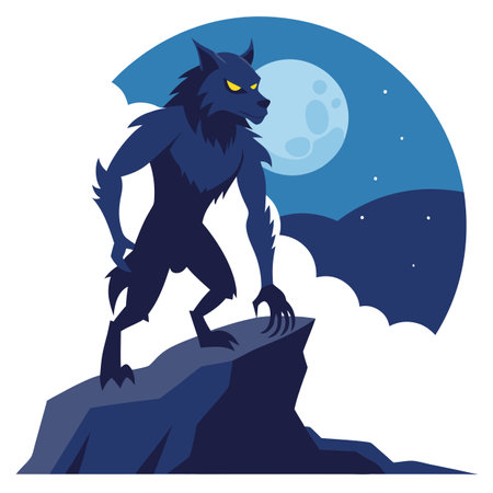 Monster werewolf on top of a cliff on background of moon at night. . AI generated. Vector iconのイラスト素材