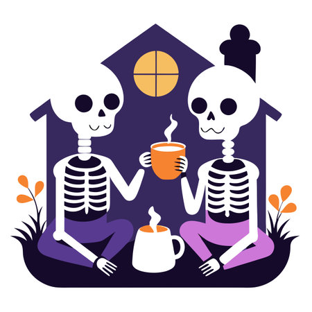Pair of skeletons having tea. Halloween exterior decor. seasonal. AI generated. Vector iconのイラスト素材