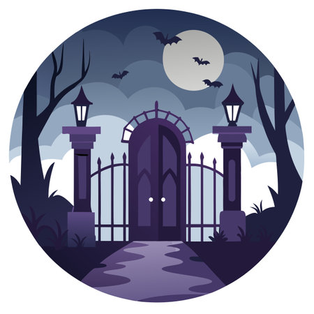 Mysterious spooky open doors and gate at foggy night. . AI generated. Vector iconのイラスト素材