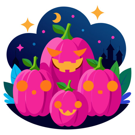 On a spooky Halloween night. a group of bright pink pumpkins come . AI generated. Vector iconのイラスト素材