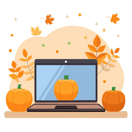 Realistic mockup of a modern laptop screen on a wooden table among . AI generated. Vector iconのイラスト素材