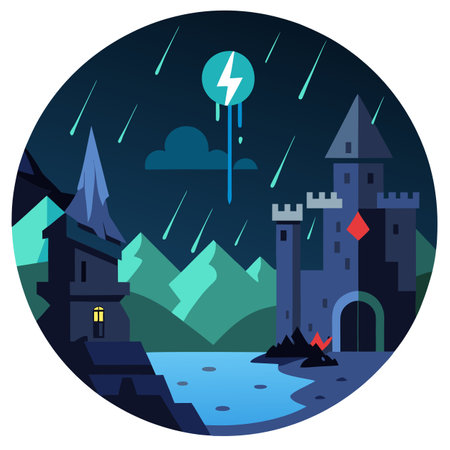 Rainy night. Superb anime-styled and DnD environment. AI generated. Vector iconのイラスト素材