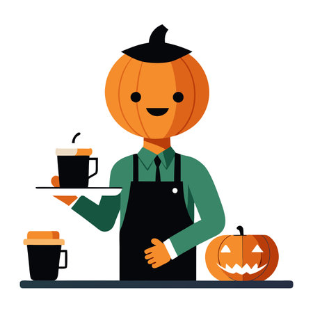 Pumpkin head barista - making pumpkin spice latte drink - black worker. AI generated. Vector iconのイラスト素材