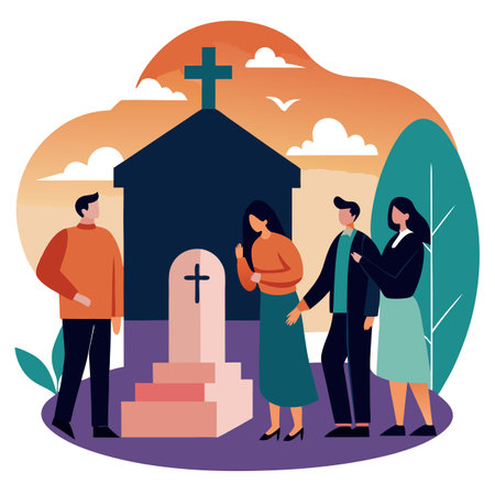 Sad bury ceremony at old cemetery church funeral farewell rest in . AI generated. Vector iconのイラスト素材