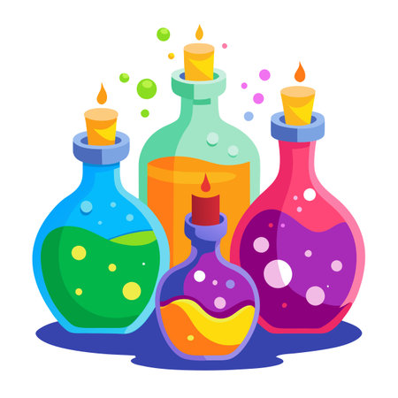 Potion bottles with colorful liquids. each with mysterious effects. . AI generated. Vector iconのイラスト素材
