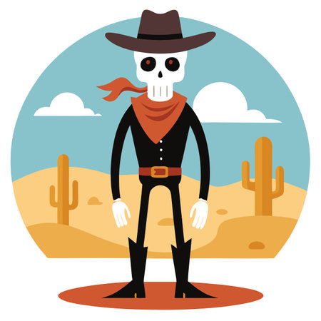 Skeleton cowboy with hat and desert background. AI generated. Vector iconのイラスト素材