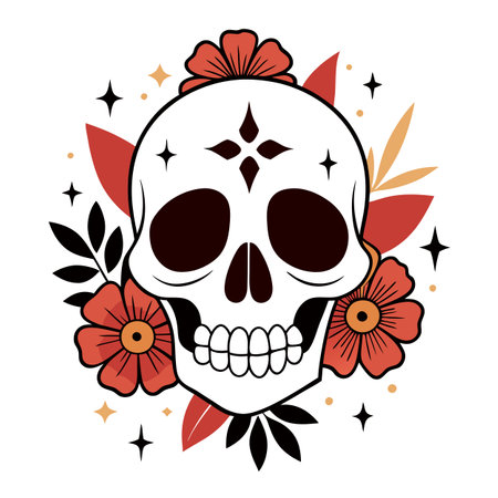 Skull and Flowers Day of The Dead. Vintage illustration. Elegant. AI generated. Vector iconのイラスト素材