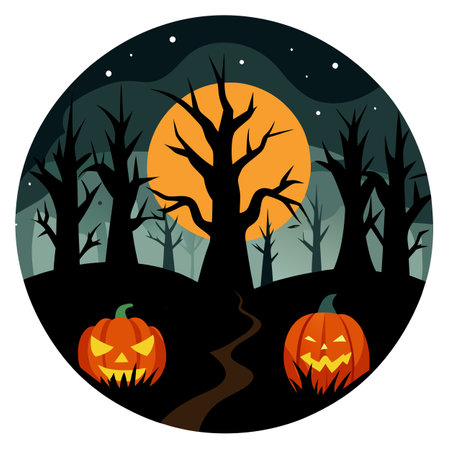 Spooky haunted forest with Halloween Jack O' Lantern pumpkins on . AI generated. Vector iconのイラスト素材