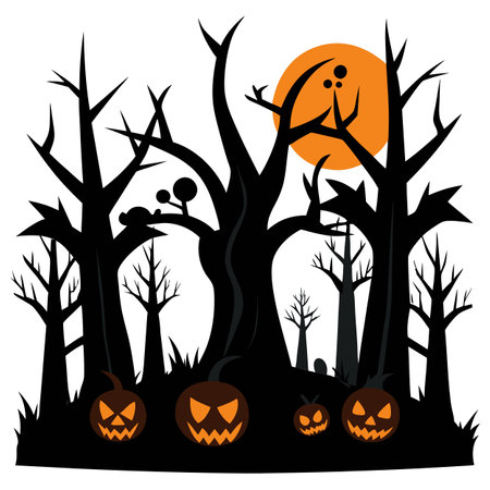 Spooky halloween forest with scary black trees and pumpkins on the . AI generated. Vector iconのイラスト素材