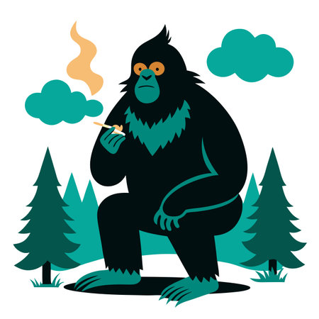 The mysterious Bigfoot smokes a cigarette in the woods. . AI generated. Vector iconのイラスト素材