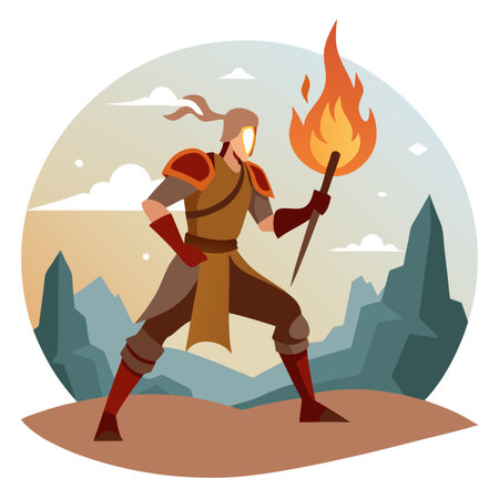 Warrior fighting scene. Flame. Medieval times. fantasy scenery. concept AI generated. Vector iconのイラスト素材