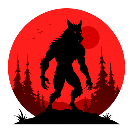 Werewolf dogman silhouette and red full moon in forest created with . AI generated. Vector iconのイラスト素材