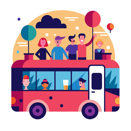 Wide angle image of people happy in a bus party. AI generated. Vector icon