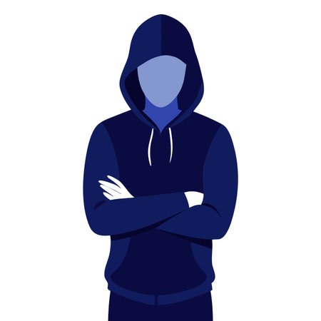 Unrecognizable figure in dark blue hoodie concealed face arms crossed. AI generated. Vector iconのイラスト素材
