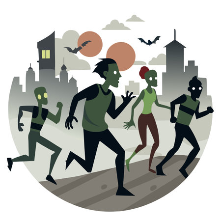 Zombies running in apocalyptic city scene. AI generated. Vector iconのイラスト素材