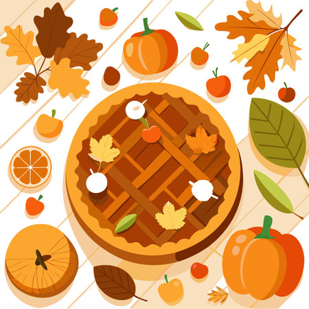 Thanksgiving background. Top view rustic wood table decor from apple. AI generated. Vector iconのイラスト素材